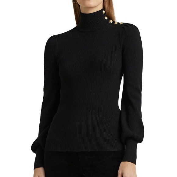 Ralph Lauren Black Turtleneck Sweater with Gold Buttons - Picture 2 of 5